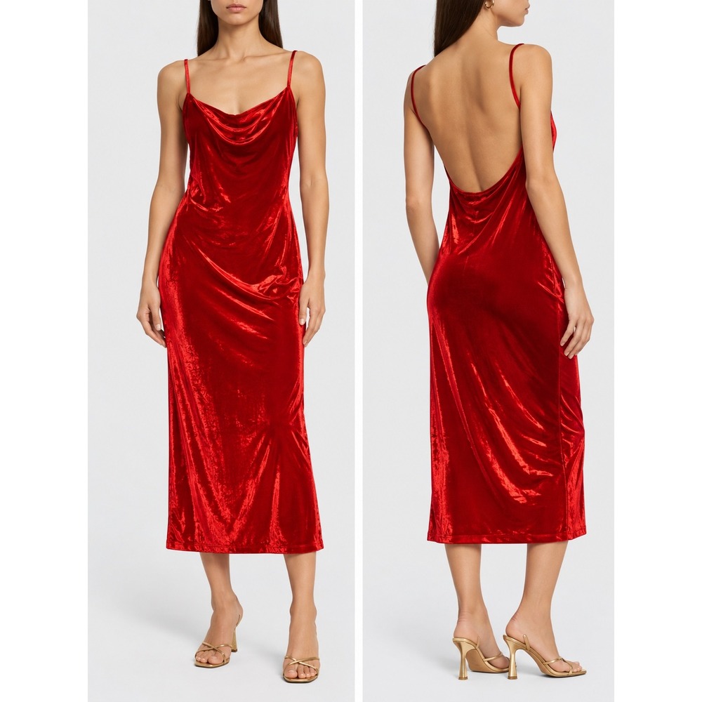 Reformation Red Velvet Cowl Neck Open Back Midi Dress Large New